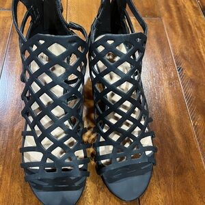 Material Girl Black Strappy Heels with Geometric Design
